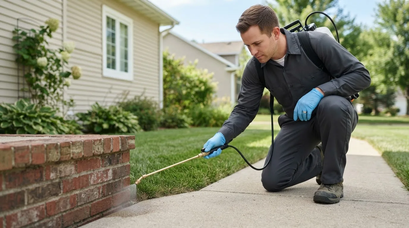 Pest control technician treating a home near Brookville, PA
